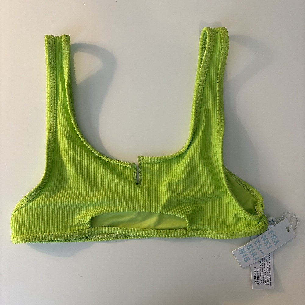NWT Frankies Bikinis‎ Cole Ribbed Bikini Top Green Size L Scoop Cutout Beach